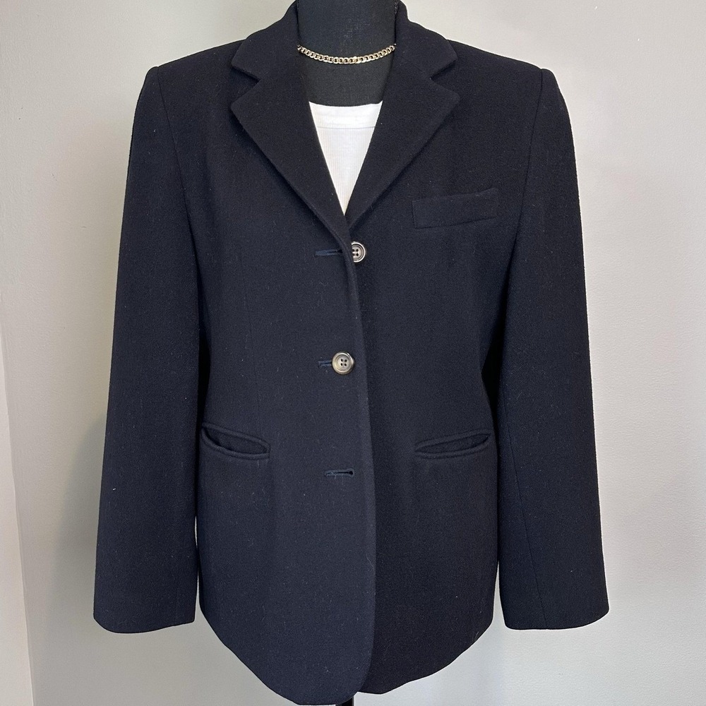 L L Bean Blazer Women 10 Petite Black Wool Cashmere Tailored Made USA Academia